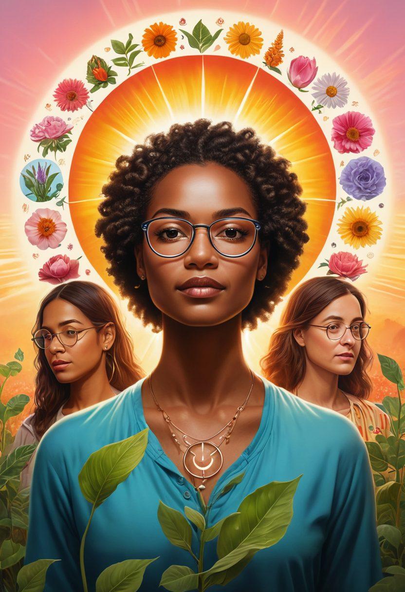 A powerful imagery showcasing a diverse group of survivors standing united, radiating strength and hope. Surround them with symbols of early detection like magnifying glasses and heartbeats, and integrate elements of holistic health such as plants, light, and serene spaces. Add a glowing sun in the background to symbolize new beginnings and empowerment. The colors should be warm and inviting, highlighting resilience and positivity. super-realistic. vibrant colors. iconic symbols.