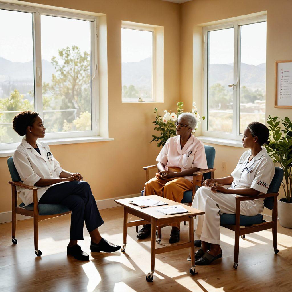 A compassionate scene showing a diverse group of healthcare professionals discussing treatment options with an empathetic patient and their family in a warm, bright hospital room. Include elements like a comforting chair, medical charts, and a window with sunlight filtering through. Highlight symbols of palliative care, such as a floral arrangement representing hope, and visual signs of advocacy, like pamphlets or brochures. super-realistic. warm colors. bright lighting.