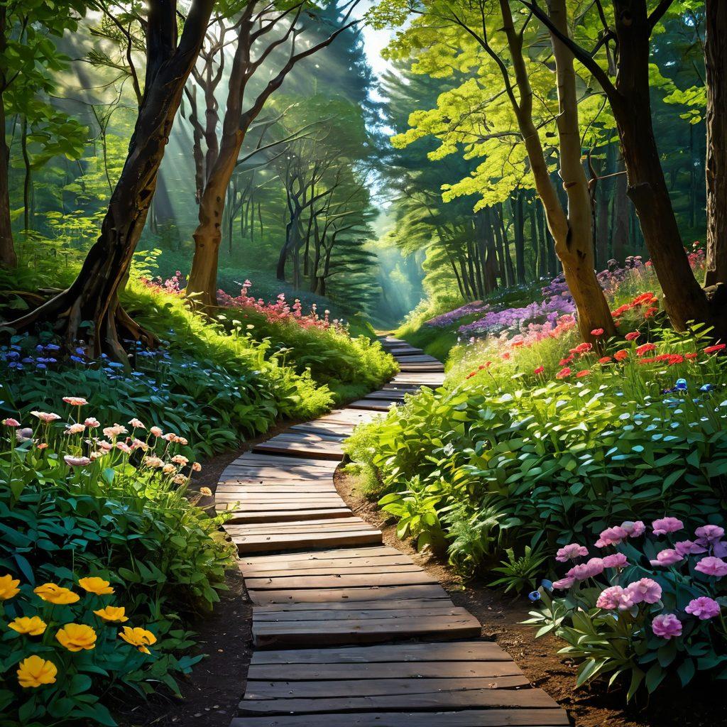A serene landscape representing resilience in cancer care: a winding path through a lush, green forest symbolizing the journey of cancer patients, with colorful flowers signifying hope and survivorship. Include gentle sunlight filtering through trees, illuminating the path, while a silhouette of a person meditating in the foreground embodies holistic wellness. super-realistic. vibrant colors. tranquil mood.